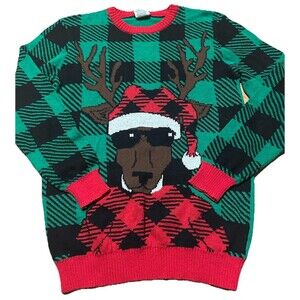 Youth XL Ugly Christmas Sweater Moose Reindeer Plaid Holiday Green Red Black
